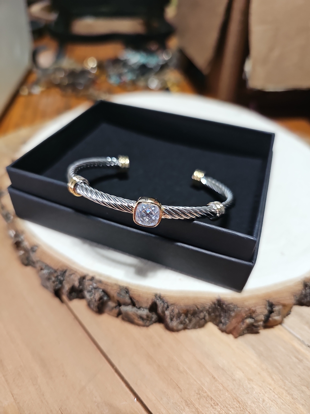 Two-Tone Cable Cuff Bracelet with Center Crystal